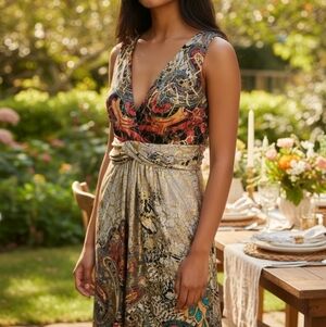 Ocean Blue Boho V Neck Wrap Style Dress Gold Metalic Cocktail Party Festival 7